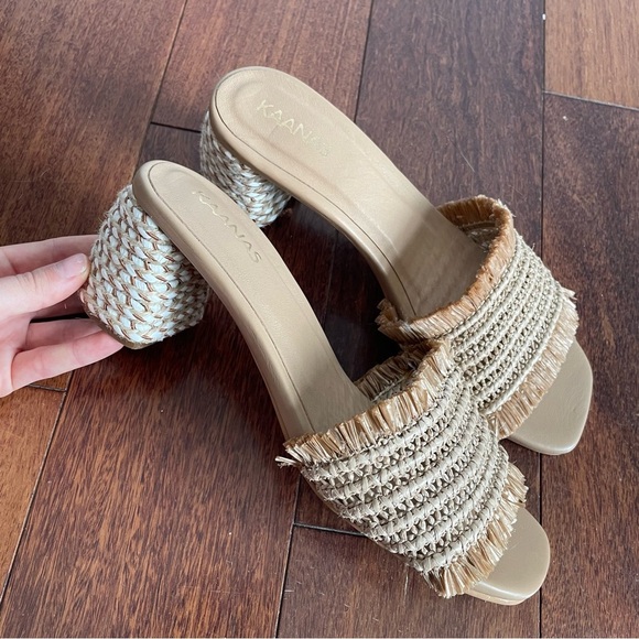 Kaanas Open Toe Heels Shoes Sumatra Tan Block Frayed Woven Sandal Womens Size 9 - Picture 2 of 11